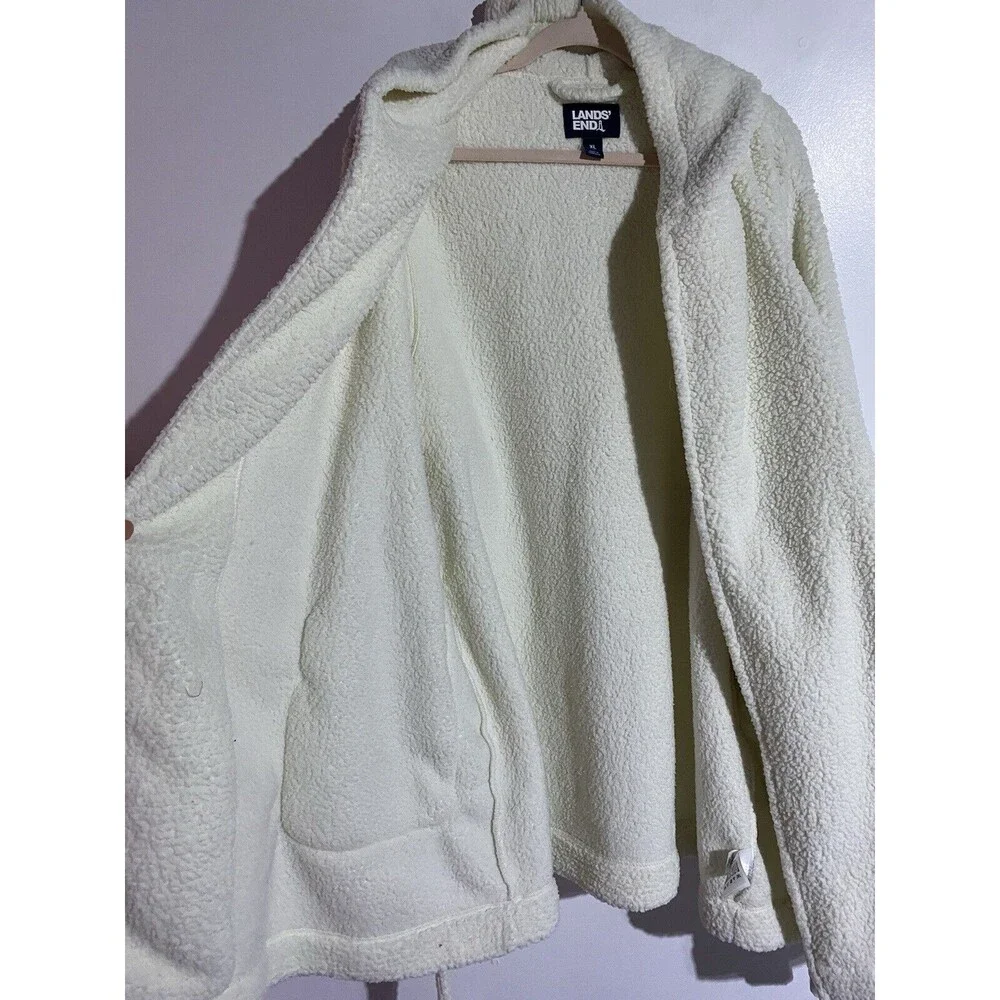 Lands End Robe Womens XL Ivory Sherpa Fleece Big Fluffy Cozy Warm Lounge Pockets